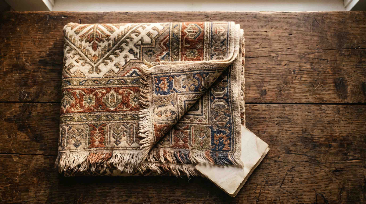 Folded heirloom shawl with a provenance card, styled for a 50th anniversary gift.