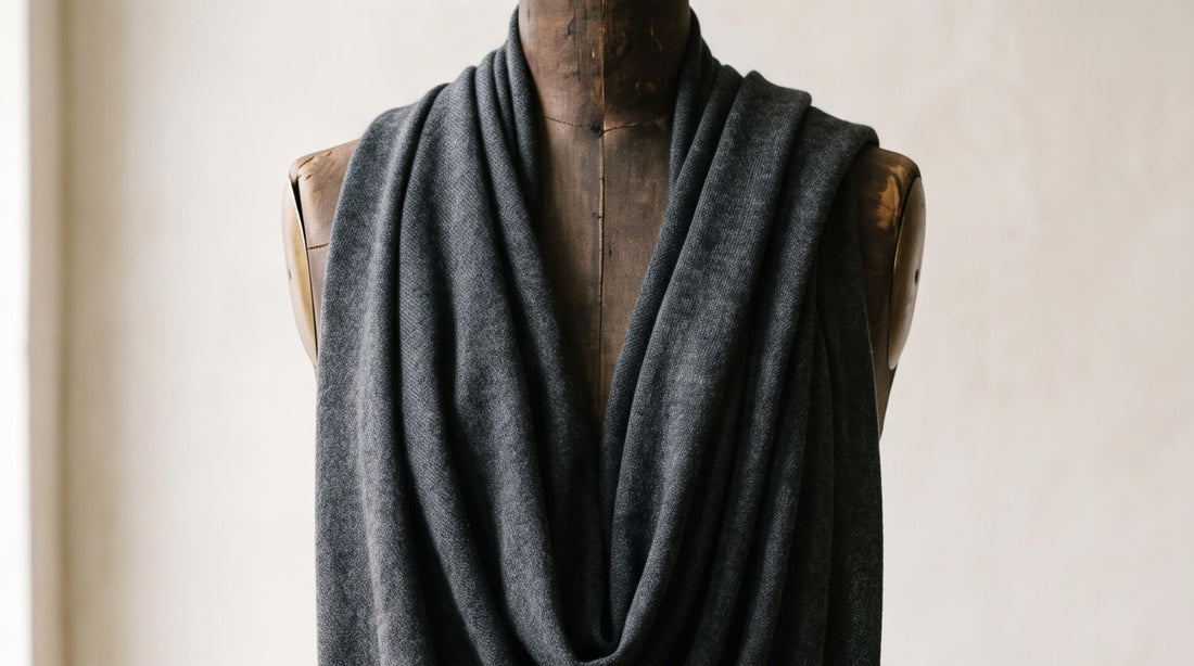 Cashmere shawl draped over a dress form, showing shoulder coverage and drape.
