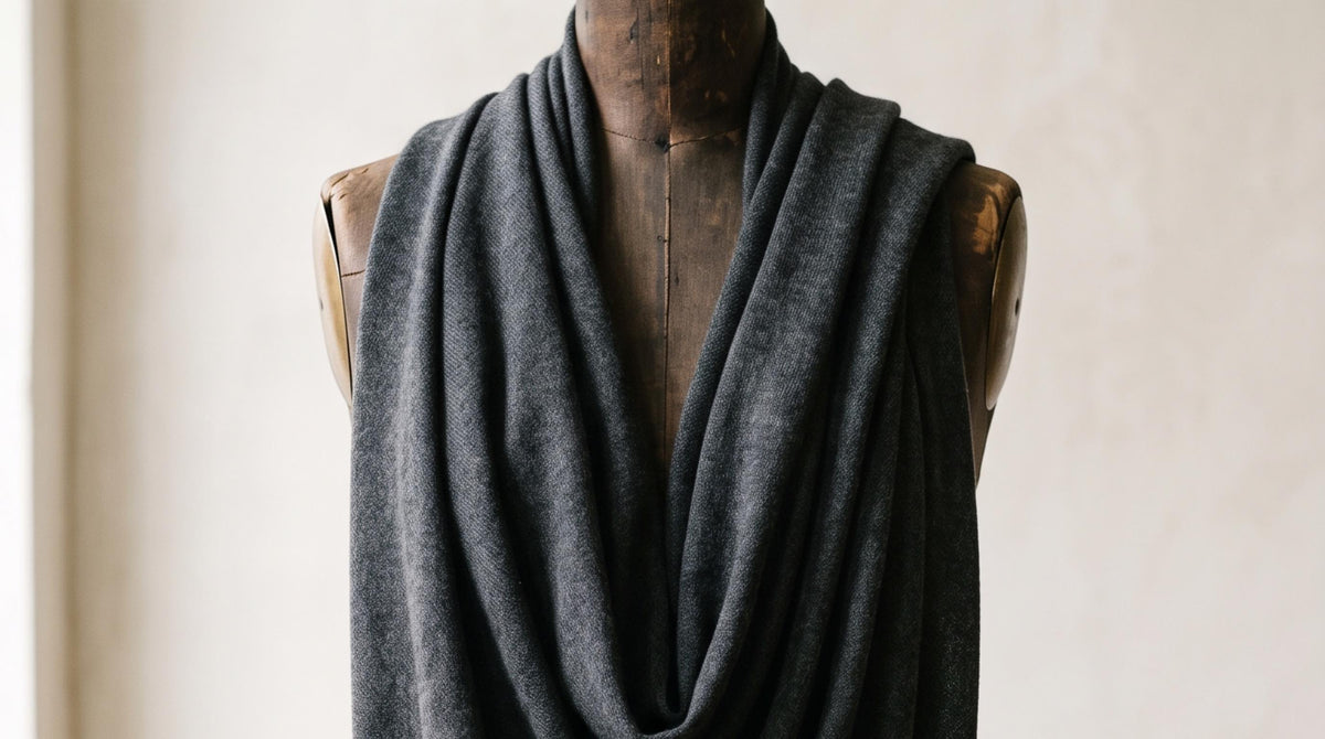 Cashmere shawl draped over a dress form, showing shoulder coverage and drape.
