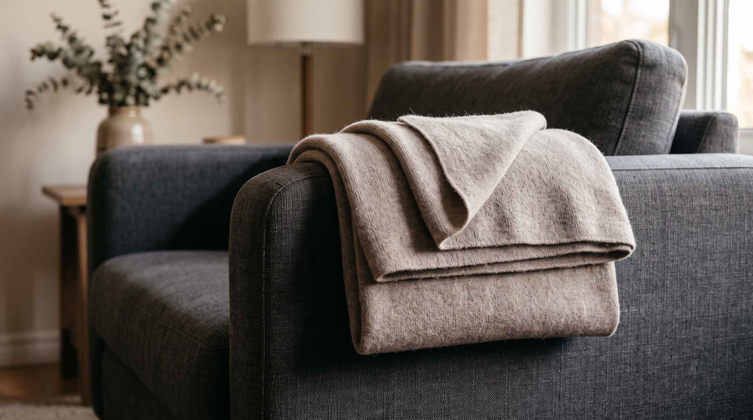 Cashmere throw blanket draped over a sofa arm, styled for home decor.