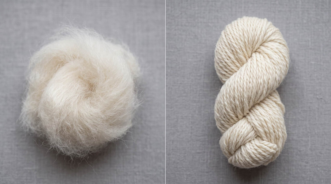 Cashmere fiber beside merino wool fiber, showing the texture difference between the two.
