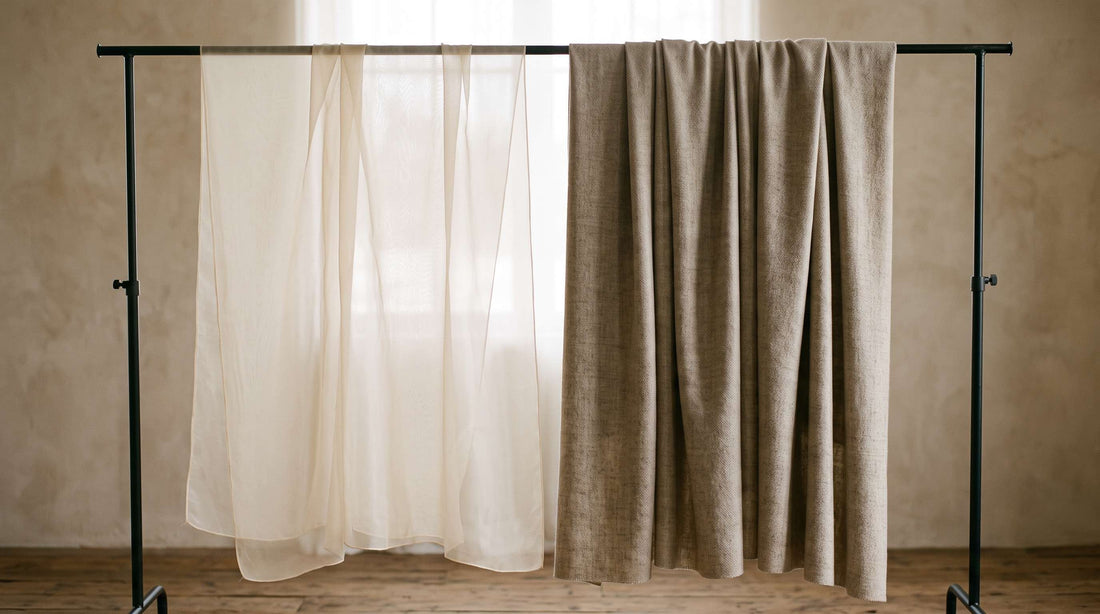 A sheer lightweight fabric draped beside a pashmina shawl, showing the weight and opacity difference between a dupatta and a shawl.