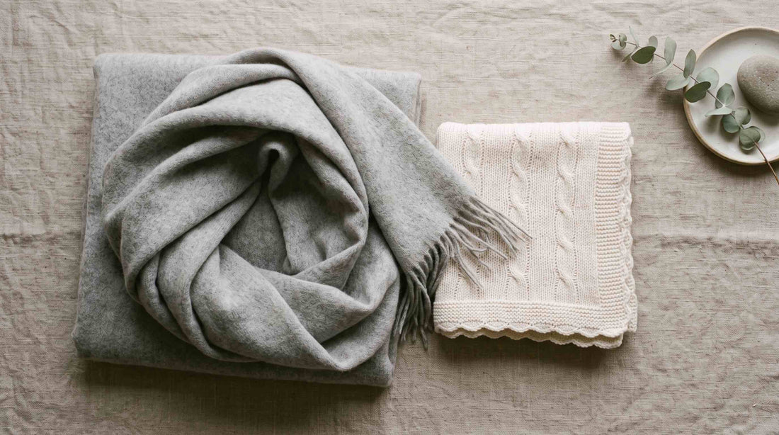 Cashmere shawl folded beside a soft baby blanket, styled as a gift for a new mother.