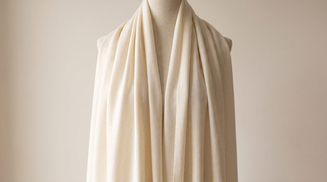 Pashmina shawl draped to show its use as a head covering, styled abstractly without a visible face.