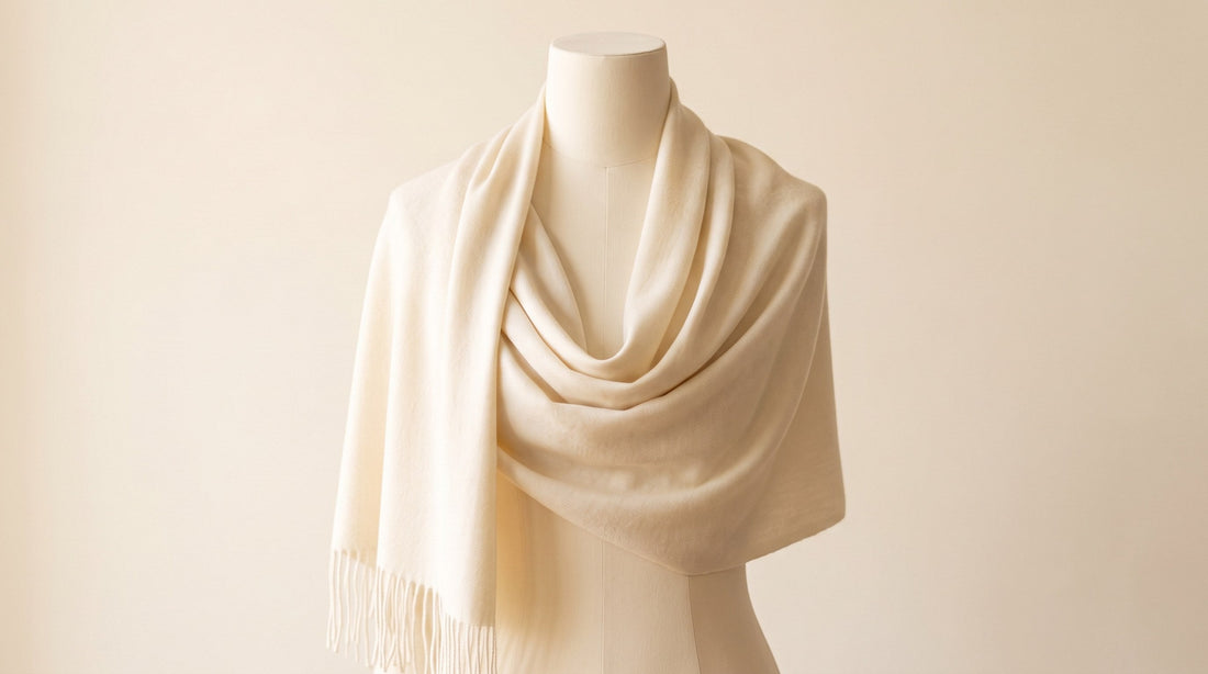 Pashmina shawl draped over the shoulders in the classic wrapping method.