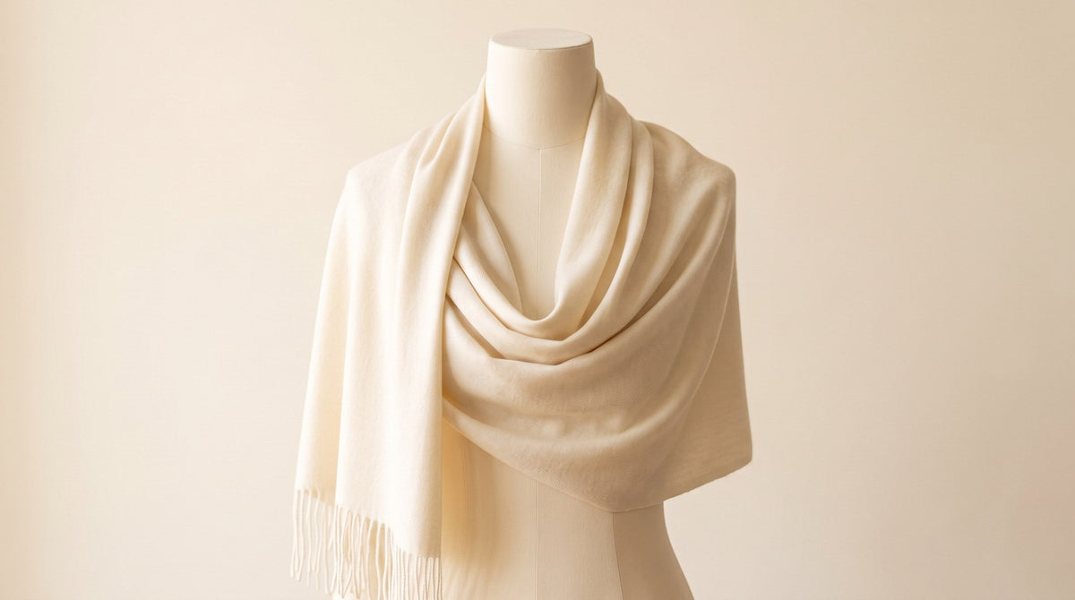 Pashmina shawl draped over the shoulders in the classic wrapping method.