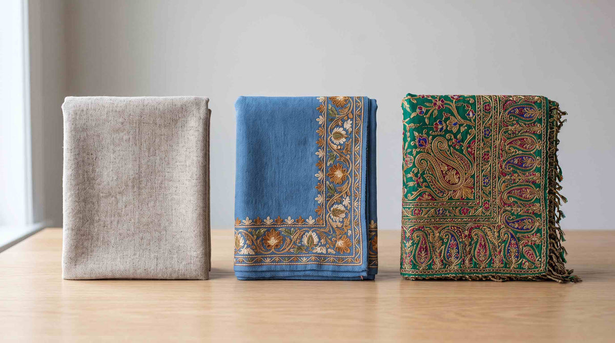 Three pashmina shawls of increasing detail, illustrating luxury gift tiers by budget.