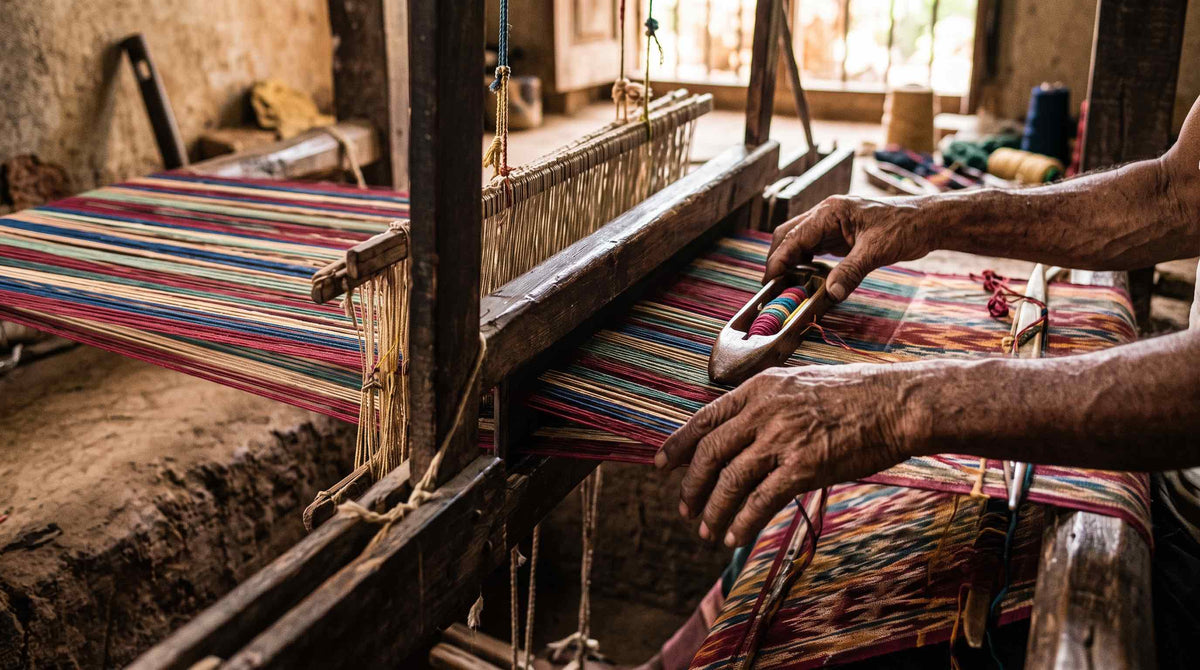 Karigar's hands weaving pashmina fiber on a traditional loom, illustrating the craft behind the price.
