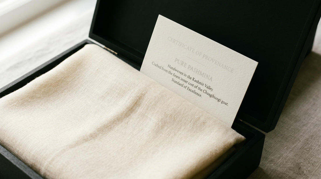A pure pashmina shawl in ivory folded in an open matte dark presentation box, with a Certificate of Provenance card propped against the fold — gift-ready presentation with natural window light.