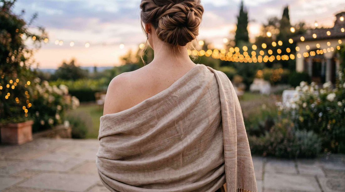 Pashmina shawl draped over bare shoulders at an evening event, styled for a wedding guest.