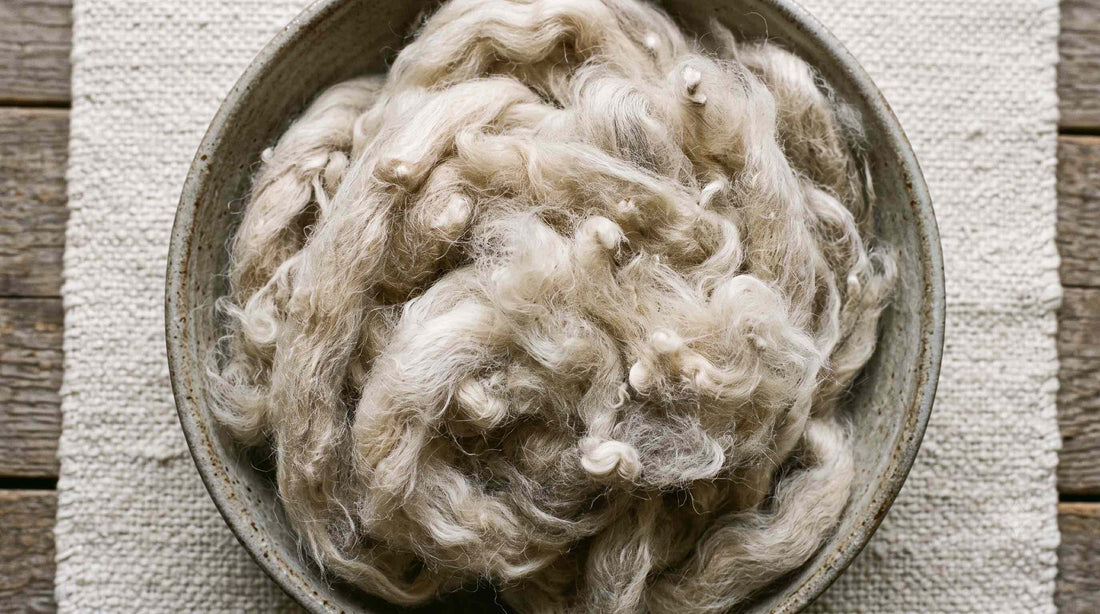 Raw combed cashmere fiber in its natural undyed state, illustrating the source of cashmere's cost.