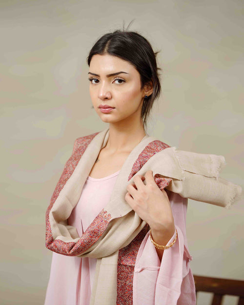 Front view of the Almond Clay Border one-of-one embroidered shawl by Silsilah Studio
