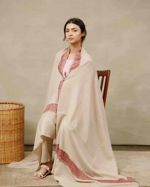 Silsilah Studio Almond Clay Border one-of-one shawl with thick border embroidery, made in Azad Kashmir