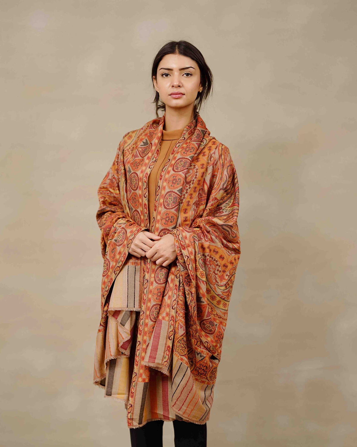 Front view of the Autumn Ember Kani one-of-one shawl by Silsilah Studio