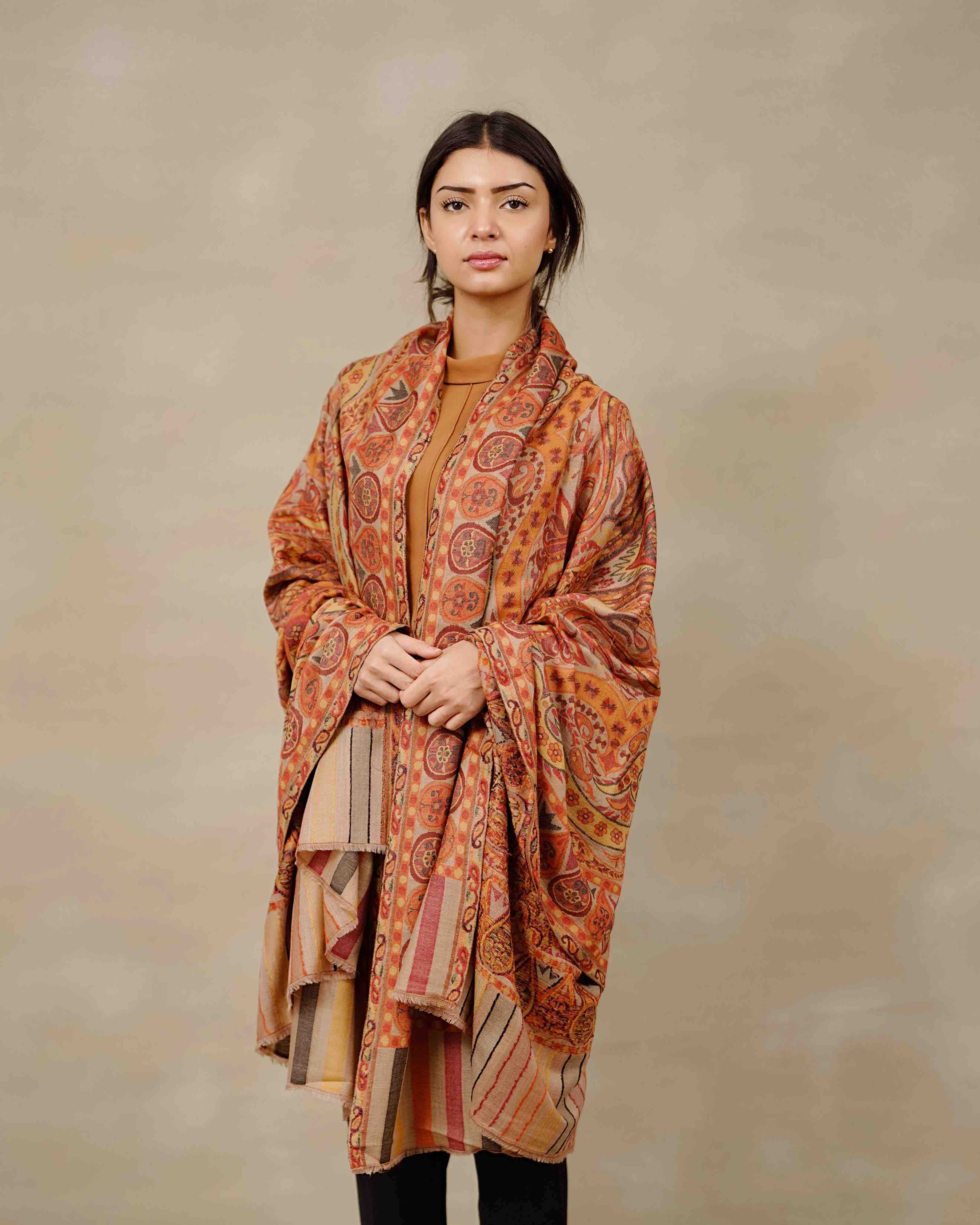 Front view of the Autumn Ember Kani one-of-one shawl by Silsilah Studio