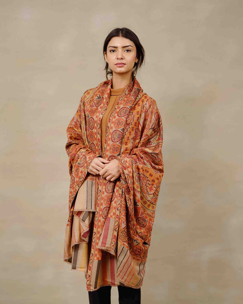 Front view of the Autumn Ember Kani one-of-one shawl by Silsilah Studio