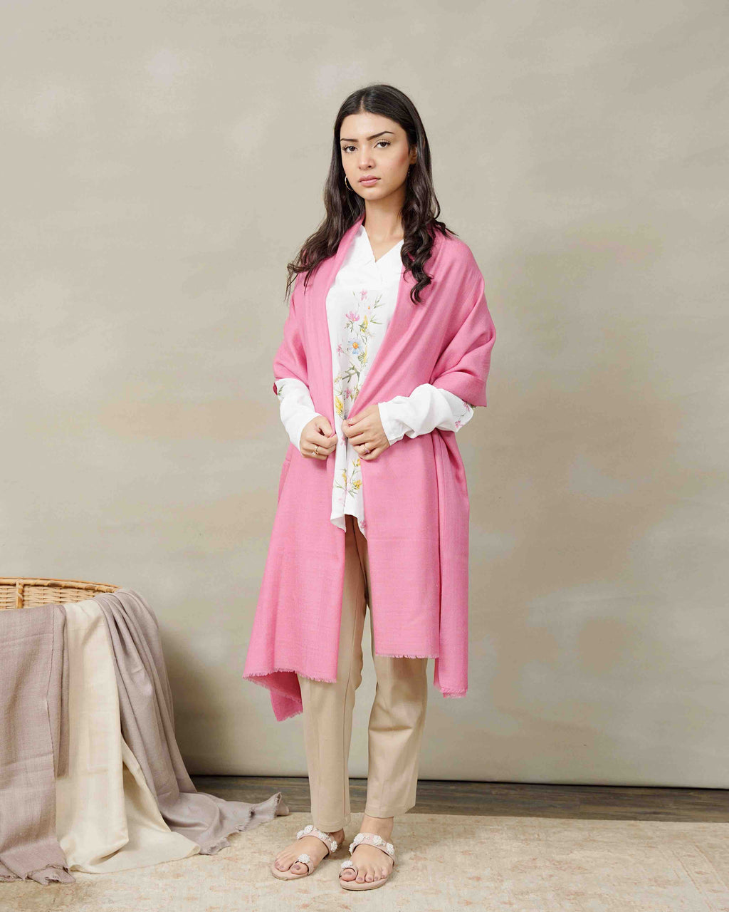 Front view of the Blush Rose pure pashmina shawl by Silsilah Studio