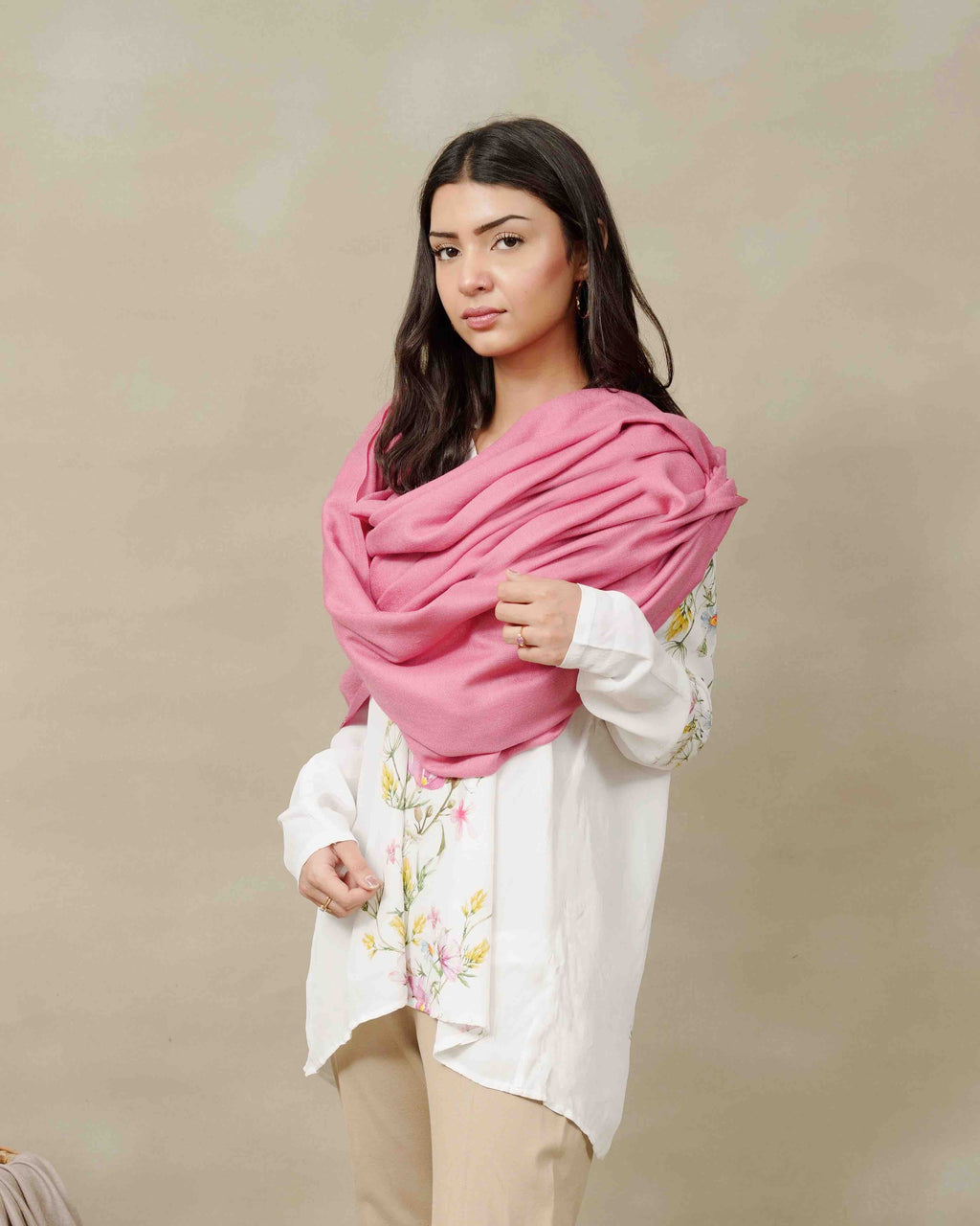 Silsilah Studio Blush Rose pure pashmina shawl, hand-finished in Azad Kashmir