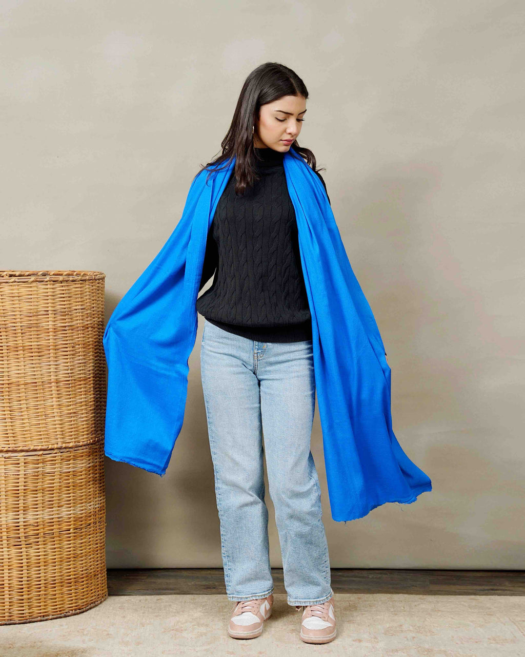 Front view of the Cobalt Night pure pashmina shawl by Silsilah Studio