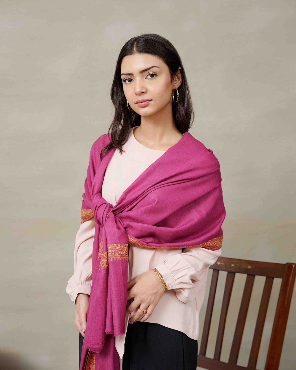 Front view of the Garnet Border pashmina shawl with embroidered border by Silsilah Studio