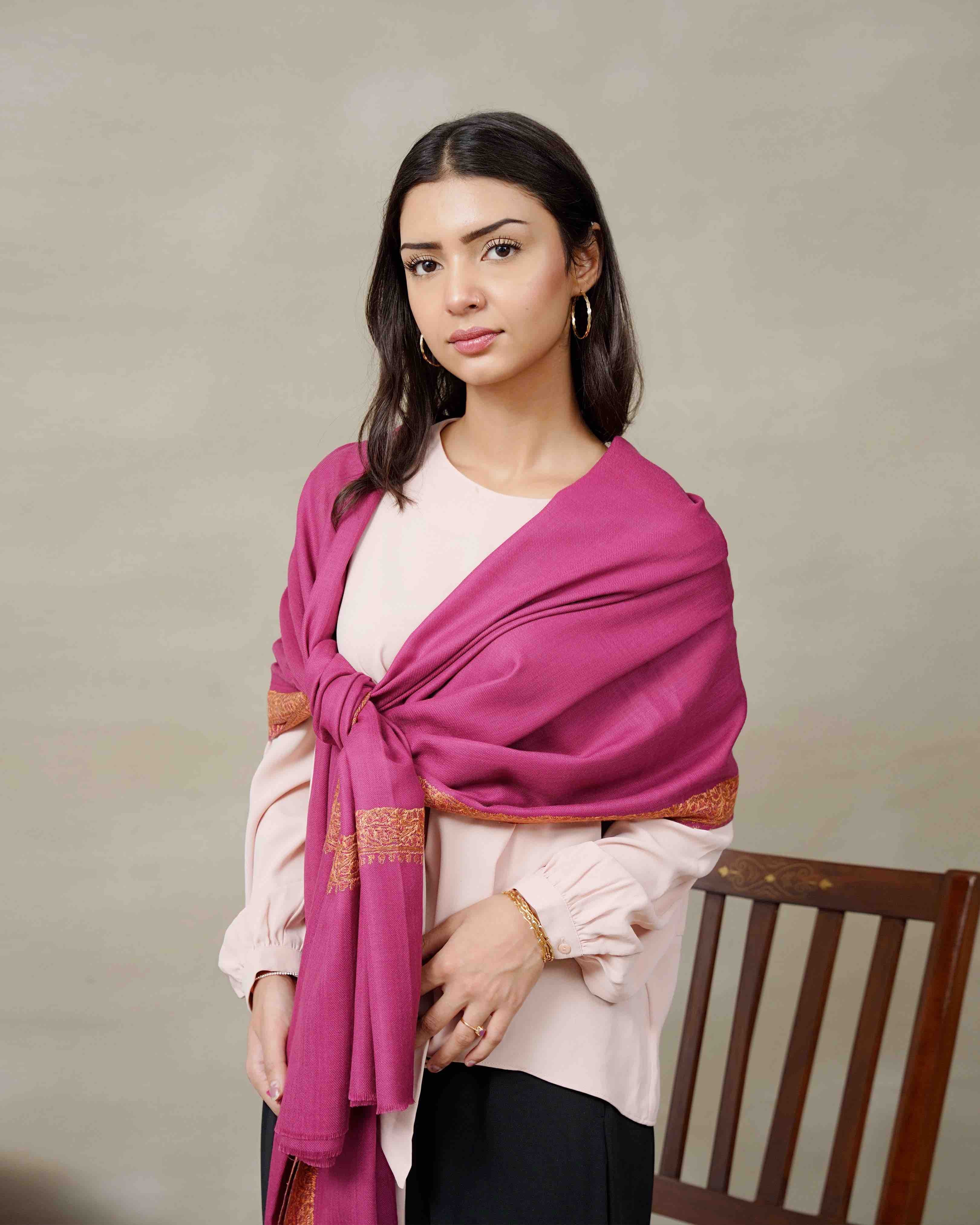 Front view of the Garnet Border pashmina shawl with embroidered border by Silsilah Studio