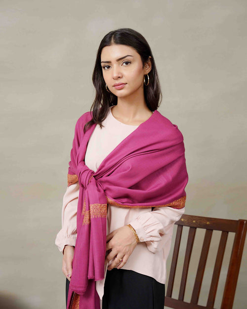 Front view of the Garnet Border pashmina shawl with embroidered border by Silsilah Studio