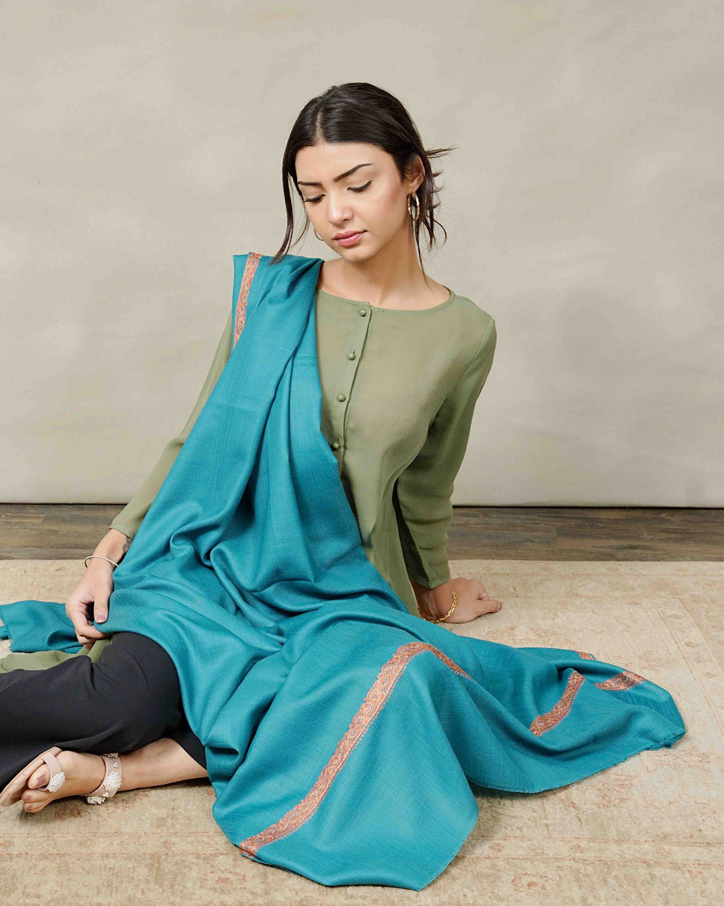 Front view of the Harbor Blue Border pashmina shawl with embroidered border by Silsilah Studio