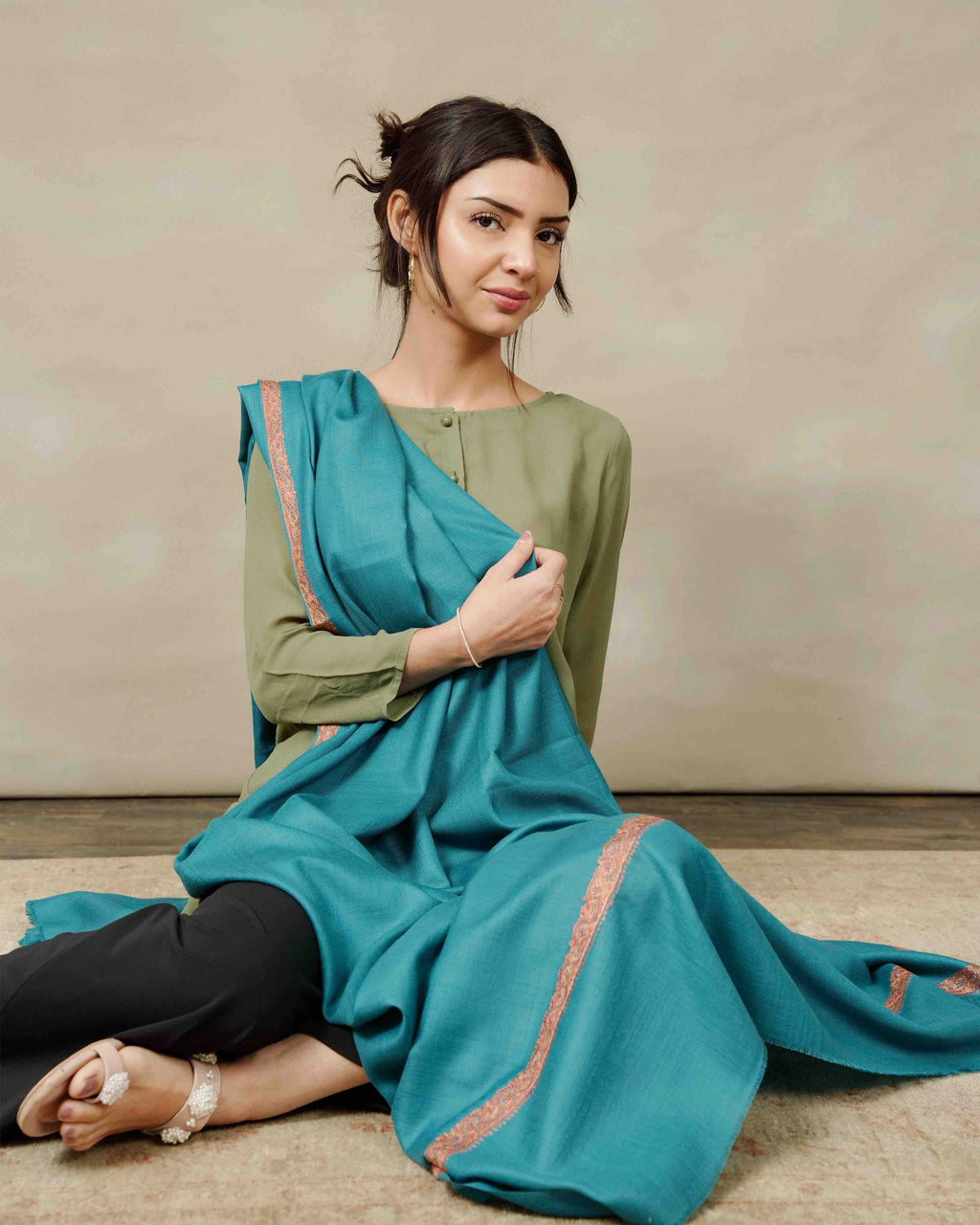Silsilah Studio Harbor Blue Border pashmina shawl with four-side embroidered border, made in Azad Kashmir