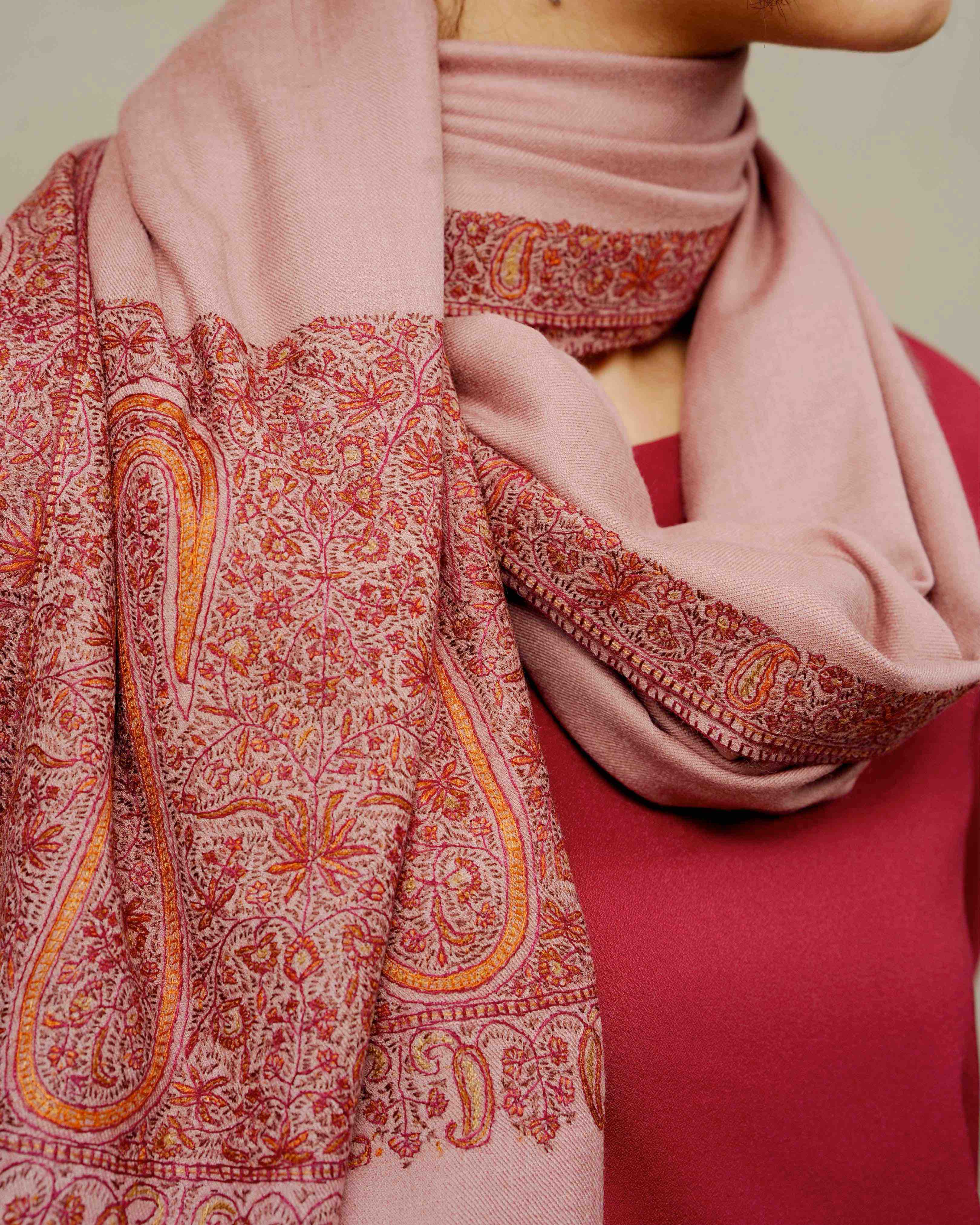 Front view of the Heirloom Paisley shawl with grand paisley border by Silsilah Studio