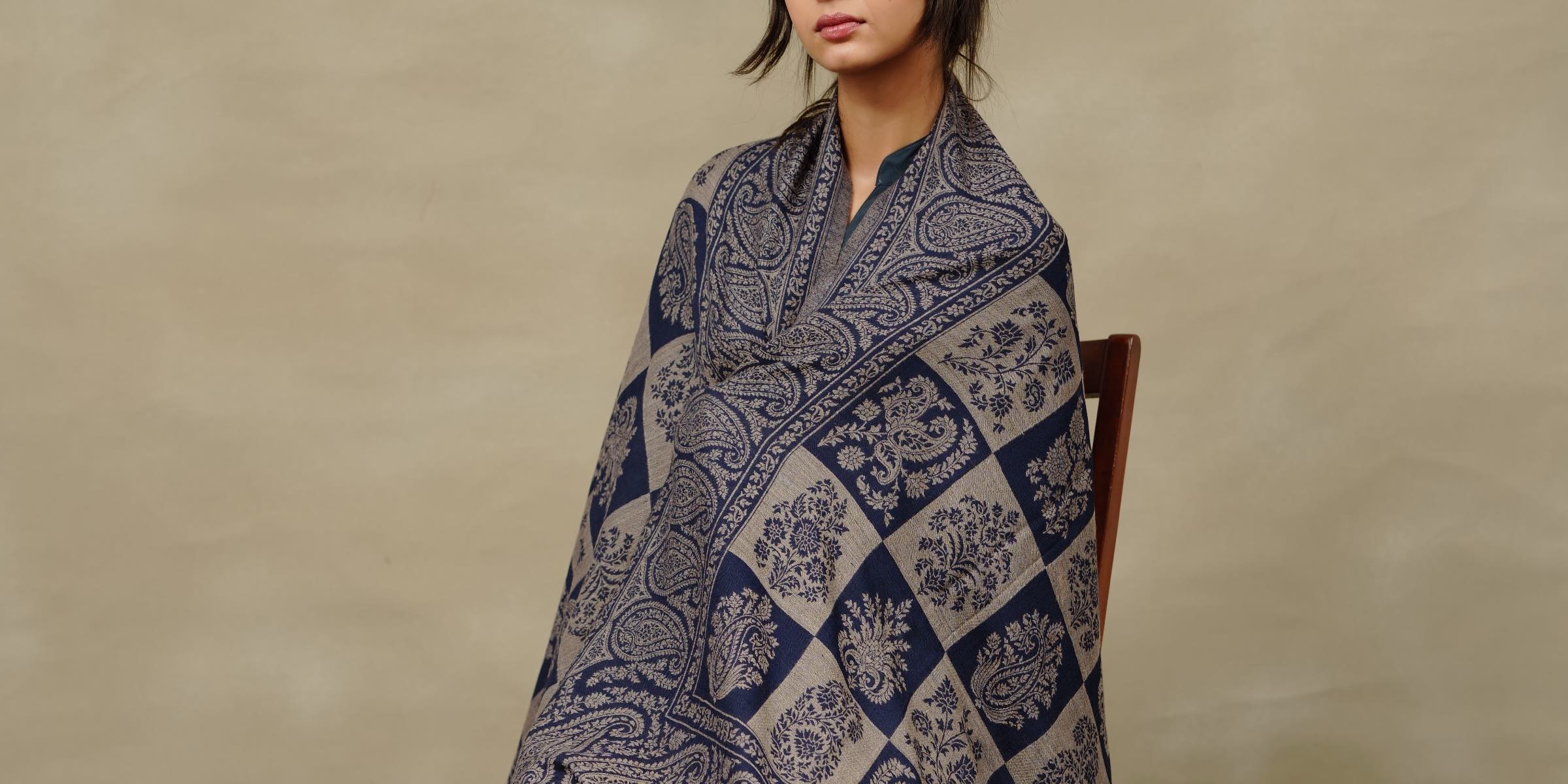 Midnight Check Kani reversible one-of-one pashmina shawl by Silsilah Studio, hand-finished in Azad Kashmir
