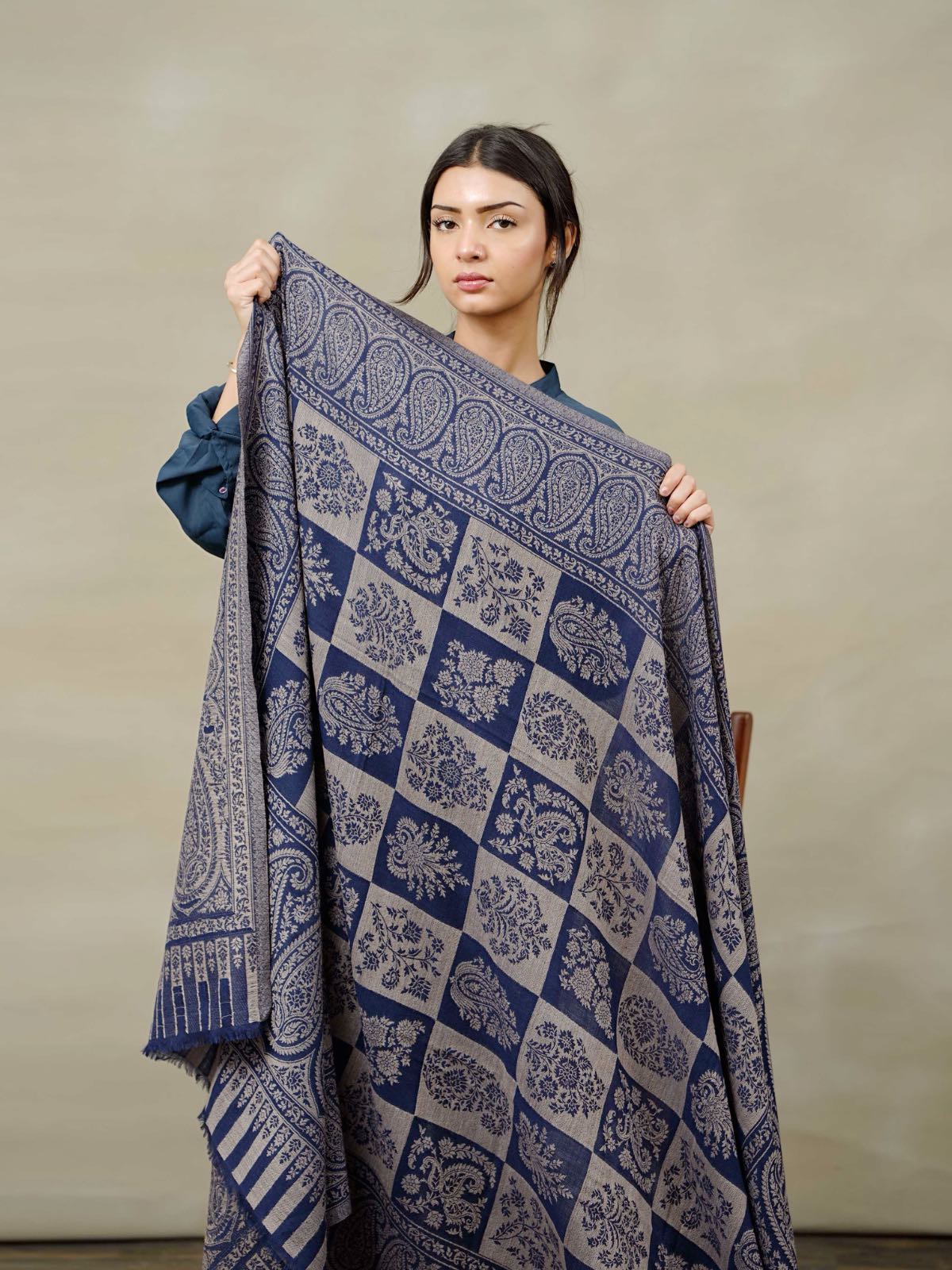 Midnight Check Kani one-of-one pashmina shawl by Silsilah Studio