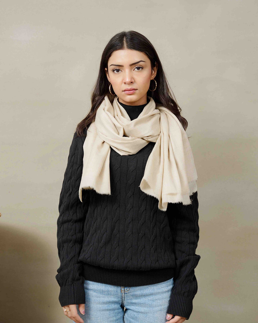 Front view of the Ivory Dune pure pashmina shawl by Silsilah Studio