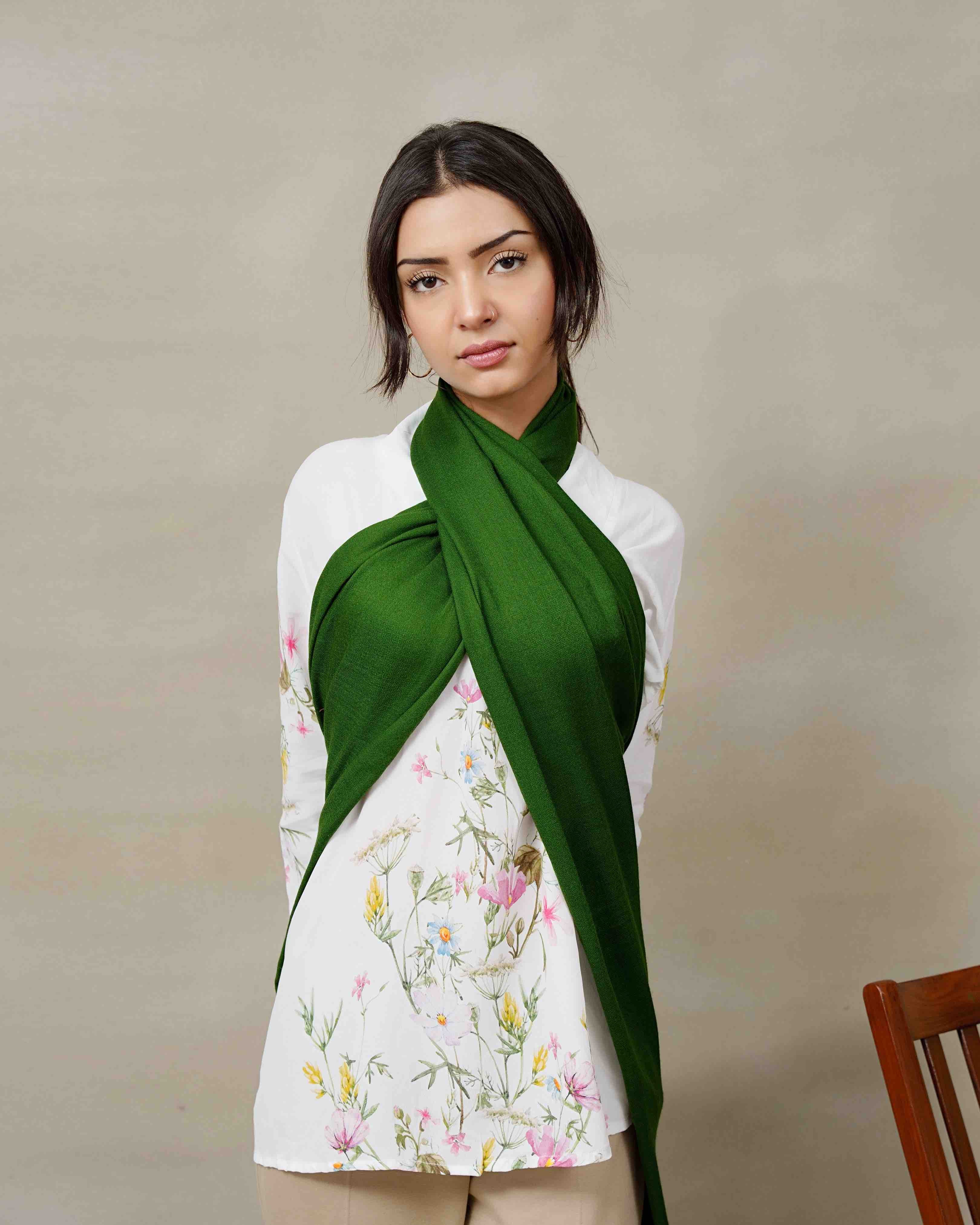 Front view of the Juniper Olive pure pashmina shawl by Silsilah Studio