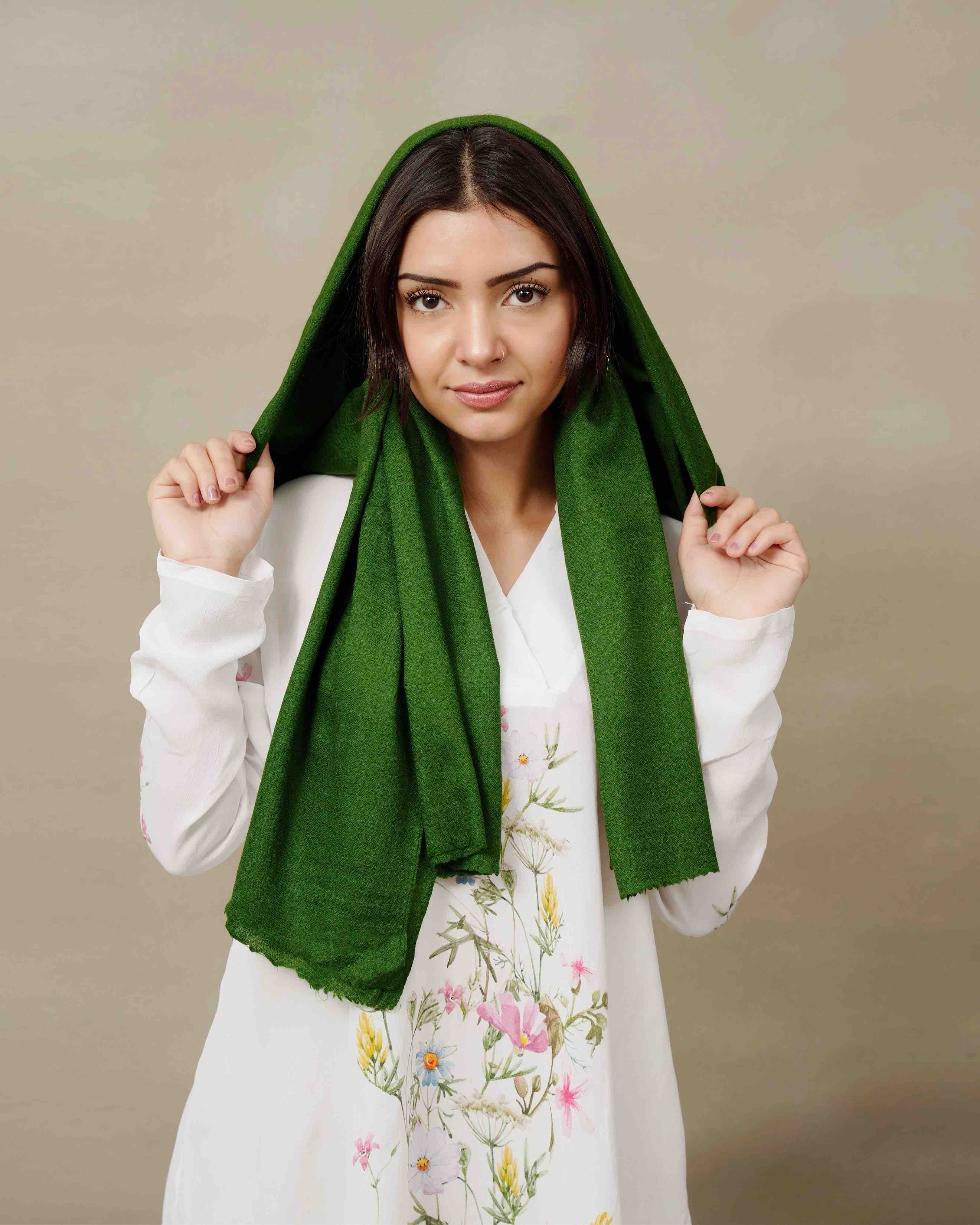 Silsilah Studio Juniper Olive pure pashmina shawl, hand-finished in Azad Kashmir
