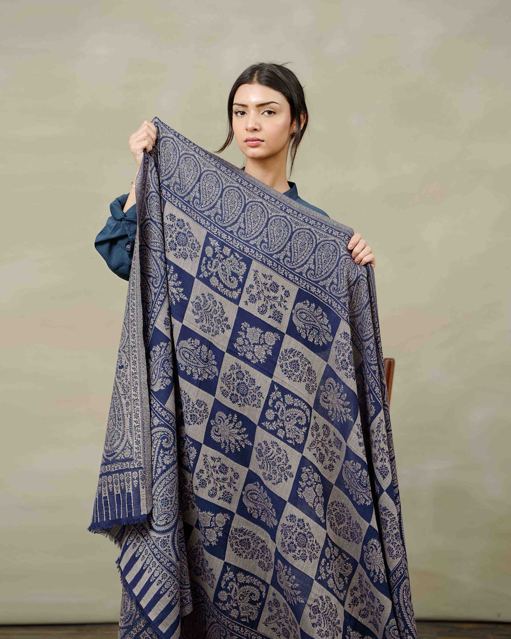 Front view of the Midnight Check Kani reversible shawl by Silsilah Studio