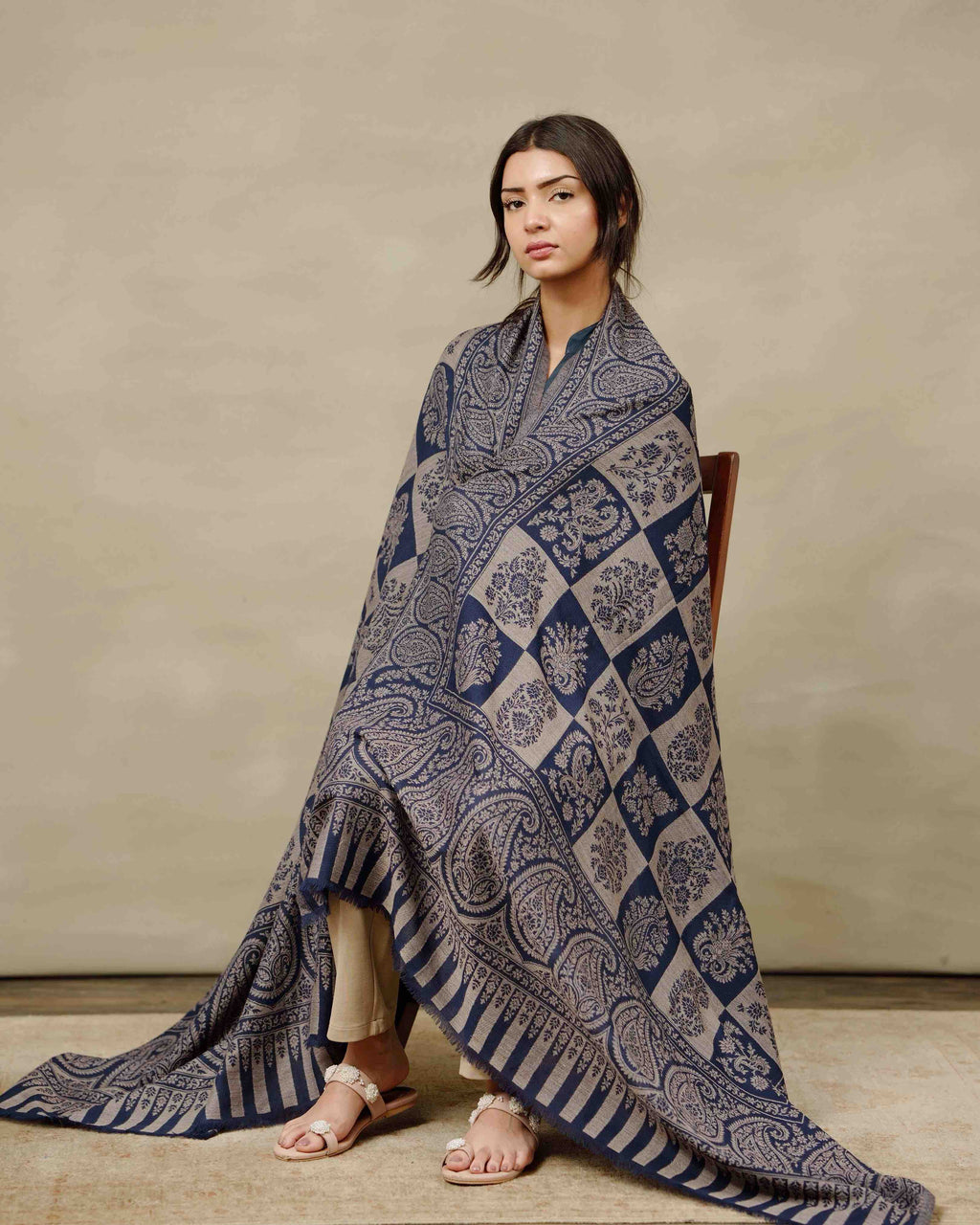 Silsilah Studio Midnight Check Kani reversible one-of-one shawl, made in Azad Kashmir