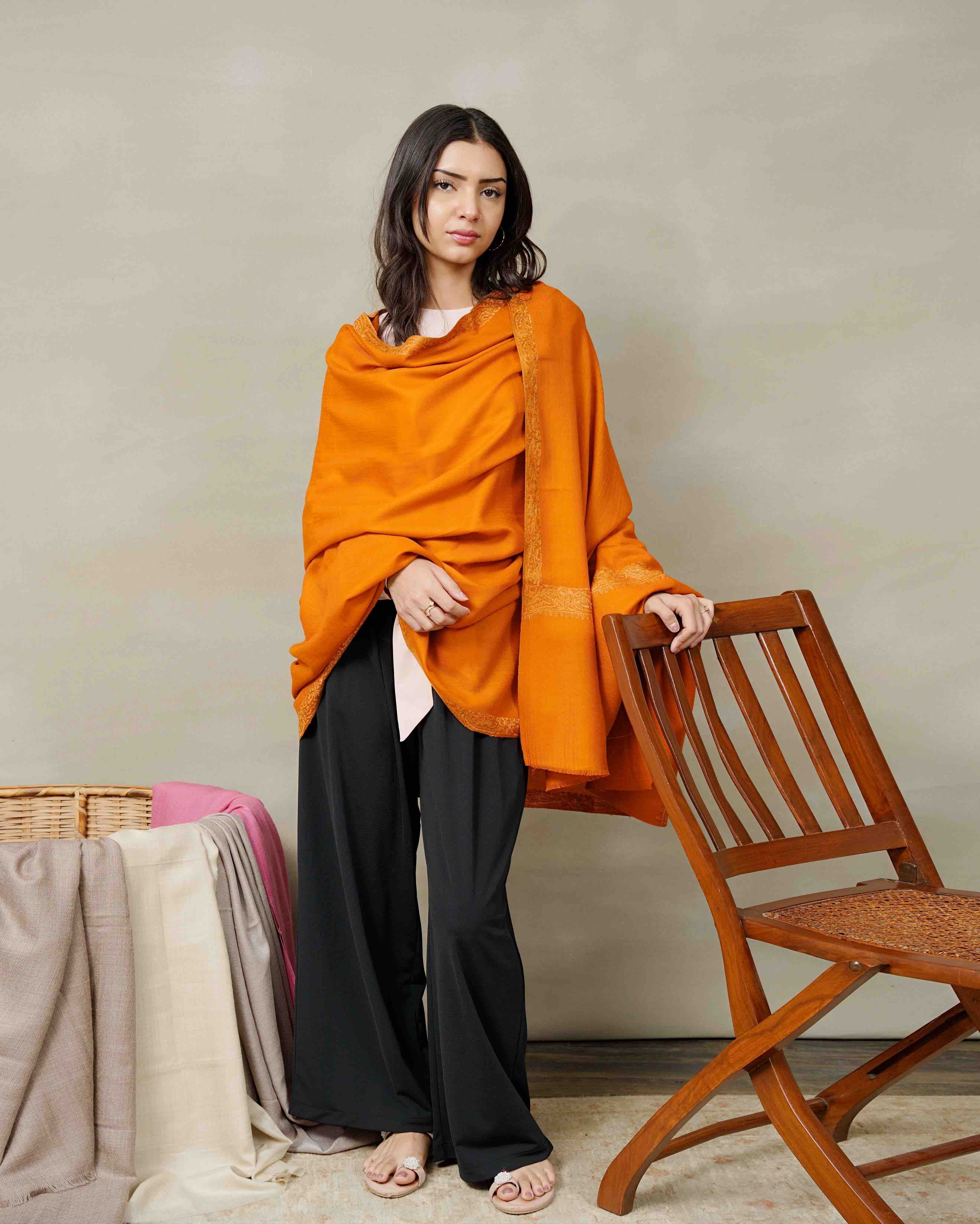 Front view of the Saffron Border pashmina shawl with embroidered border by Silsilah Studio