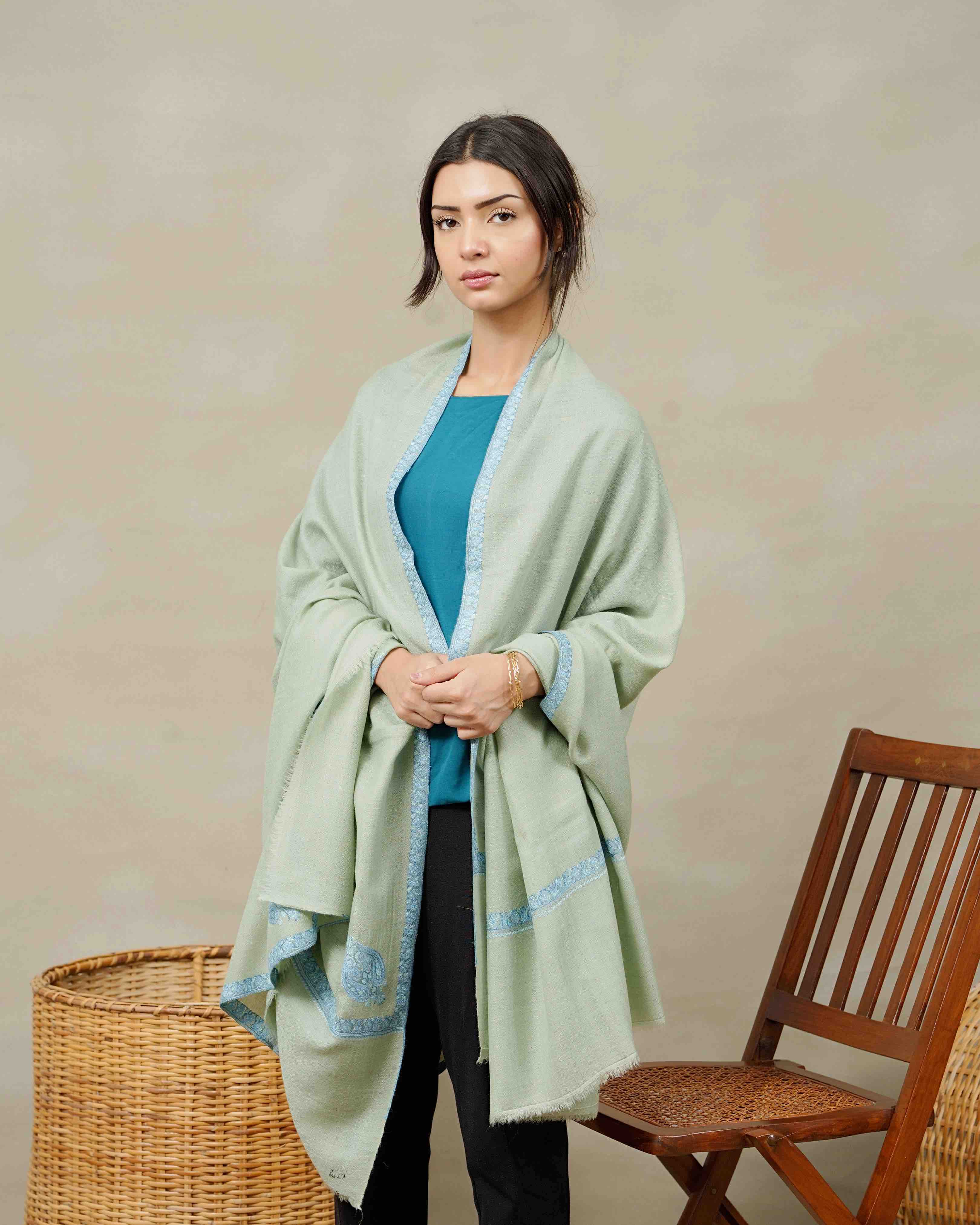 Front view of the Sage Mist Border ultra-fine embroidered shawl by Silsilah Studio