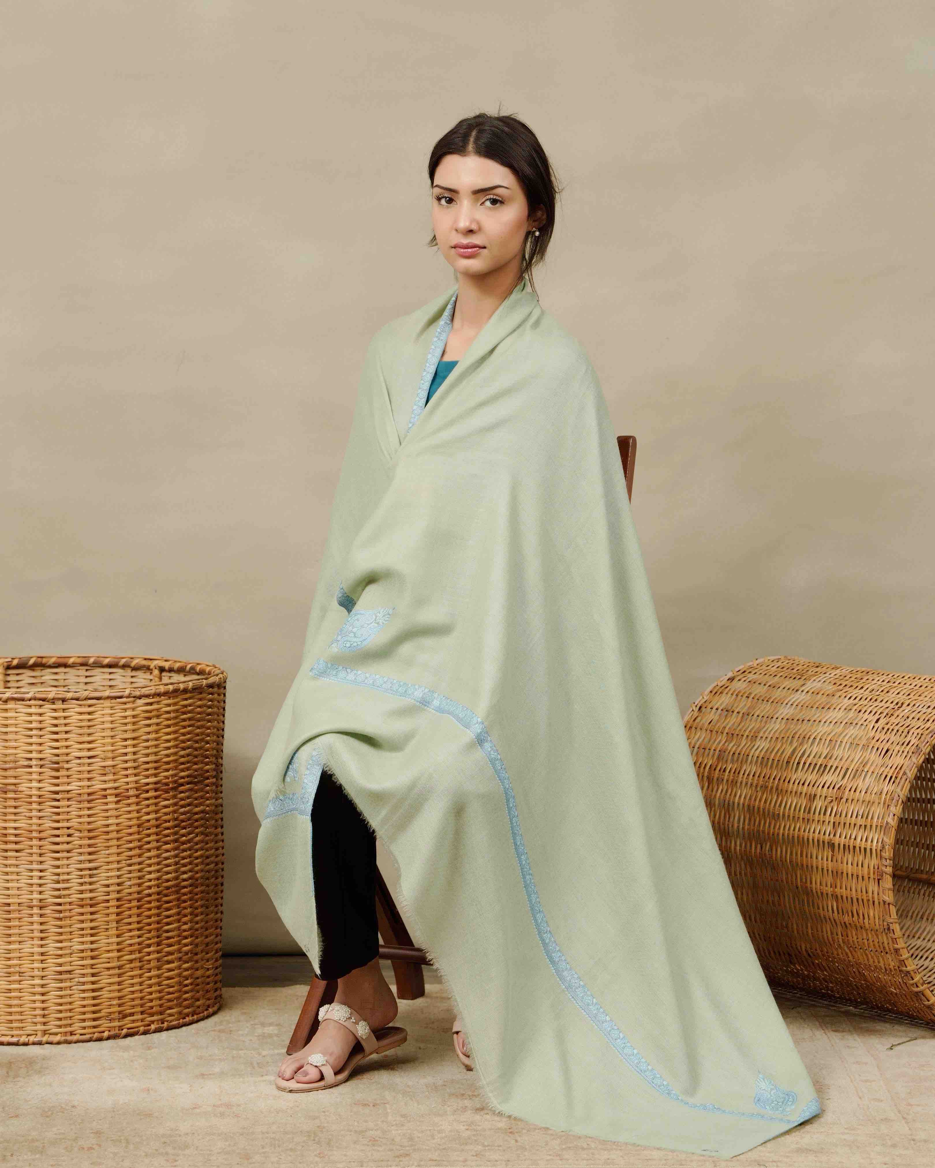 Silsilah Studio Sage Mist Border atelier shawl with ultra-fine close embroidery, made in Azad Kashmir