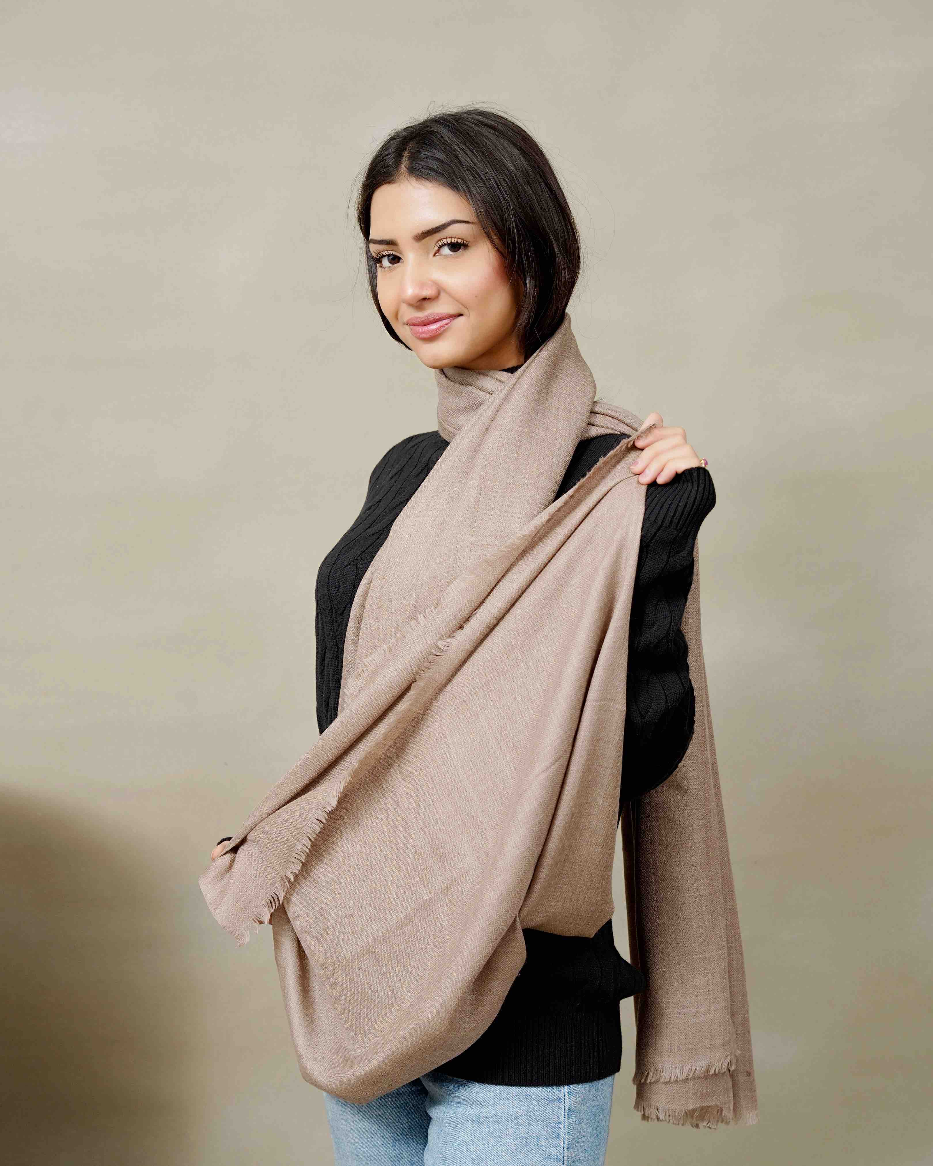 Front view of the Sandstone Veil pure pashmina shawl by Silsilah Studio