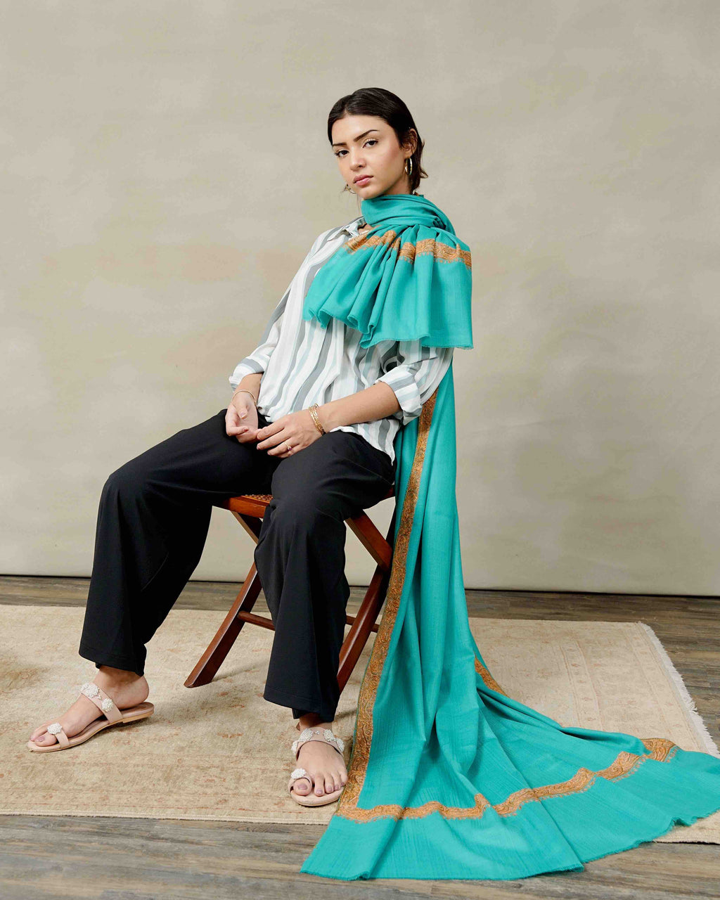 Front view of the Sea Glass Border pashmina shawl with embroidered border by Silsilah Studio