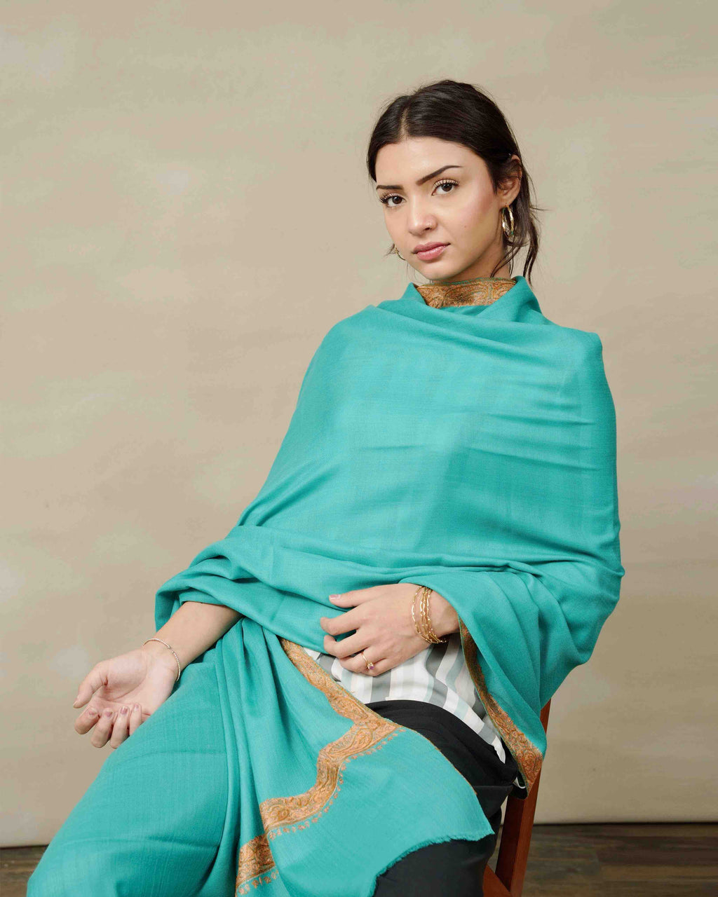 Silsilah Studio Sea Glass Border pashmina shawl with four-side embroidered border, made in Azad Kashmir