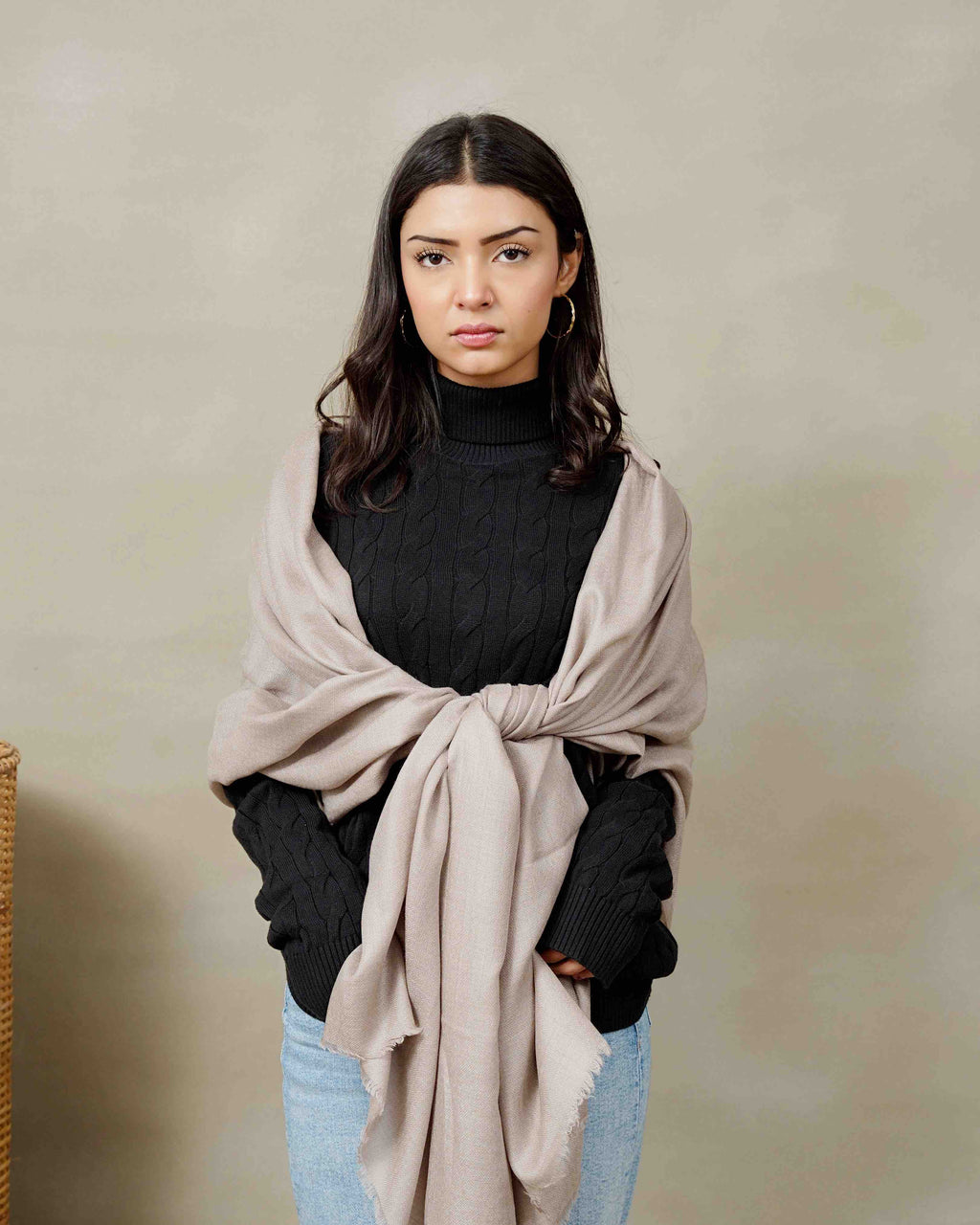 Front view of the Warm Taupe pure pashmina shawl by Silsilah Studio